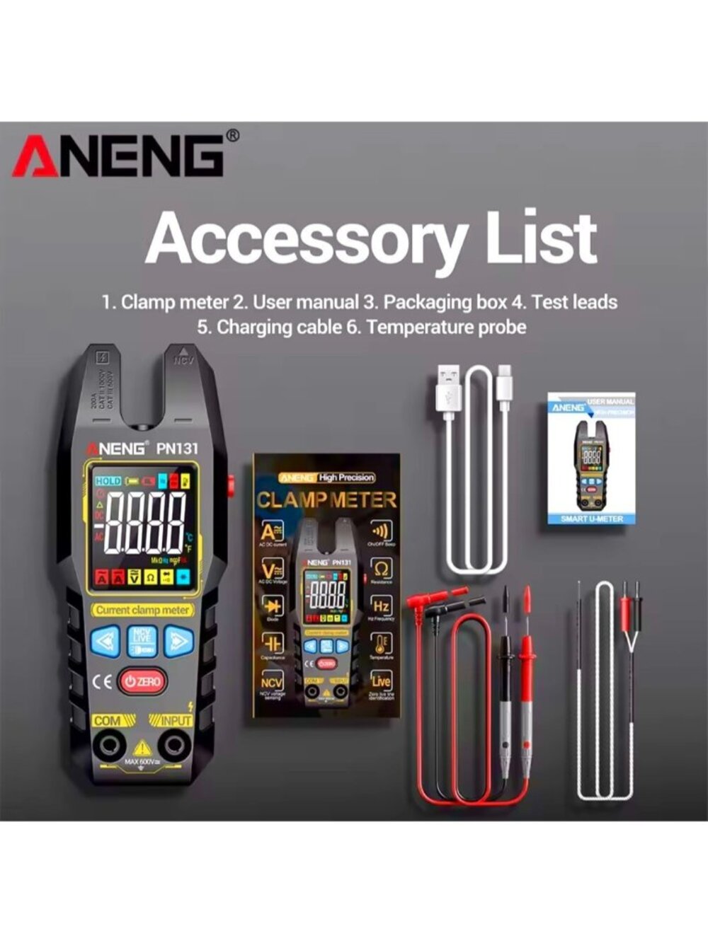 ANENG PN131 Digital Multimeter AC DC Volt Amp Ohm Hz U-Clamp Meter Auto Range-